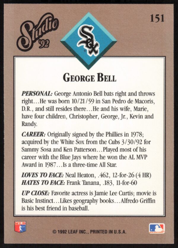 1992 Leaf Studio George Bell #151 (Back)