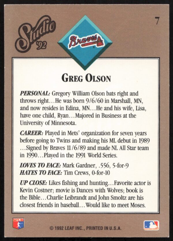 1992 Leaf Studio Greg Olson #7 (Back)