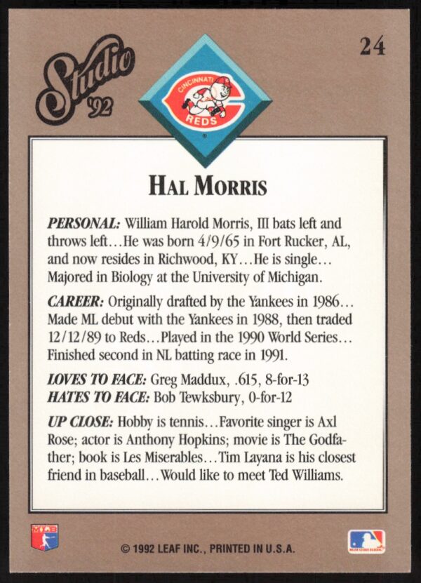 1992 Leaf Studio Hal Morris #24 (Back)