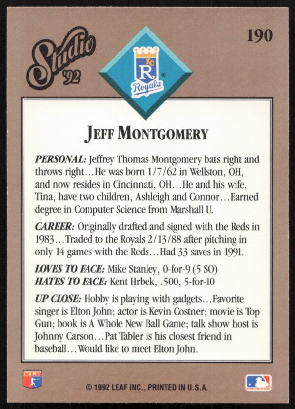 1992 Leaf Studio Jeff Montgomery #190 (Back)