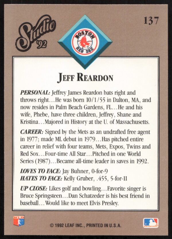 1992 Leaf Studio Jeff Reardon #137 (Back)