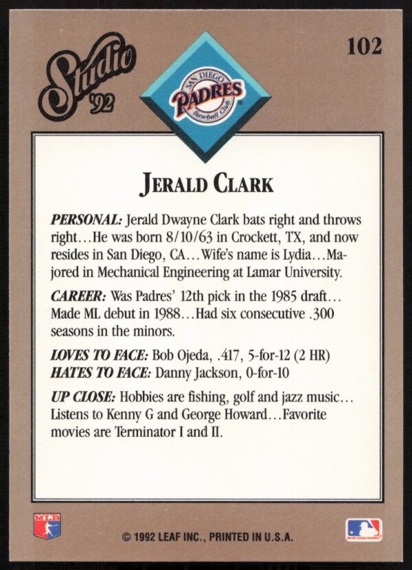 1992 Leaf Studio Jerald Clark #102 (Back)