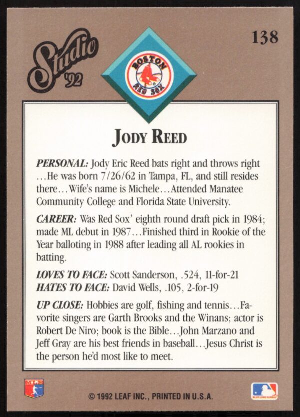 1992 Leaf Studio Jody Reed #138 (Back)