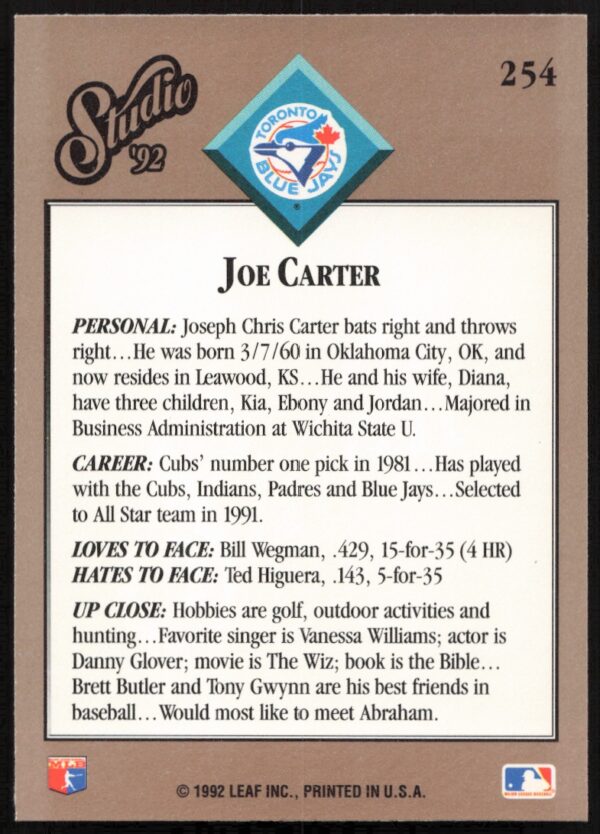 1992 Leaf Studio Joe Carter #254 (Back)