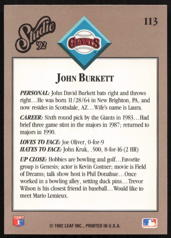 1992 Leaf Studio John Burkett #113 (Back)