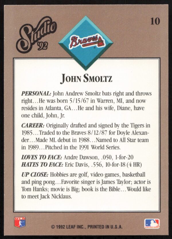 1992 Leaf Studio John Smoltz #10 (Back)