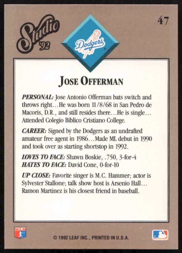 1992 Leaf Studio Jose Offerman #47 (Back)