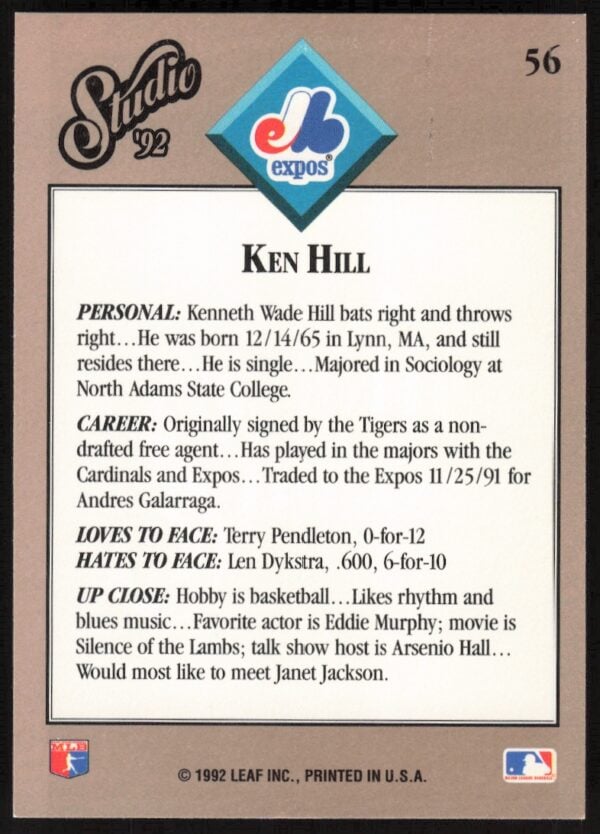 1992 Leaf Studio Ken Hill #56 (Back)