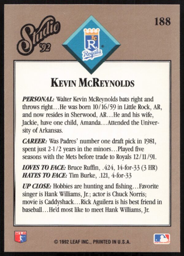 1992 Leaf Studio Kevin McReynolds #188 (Back)