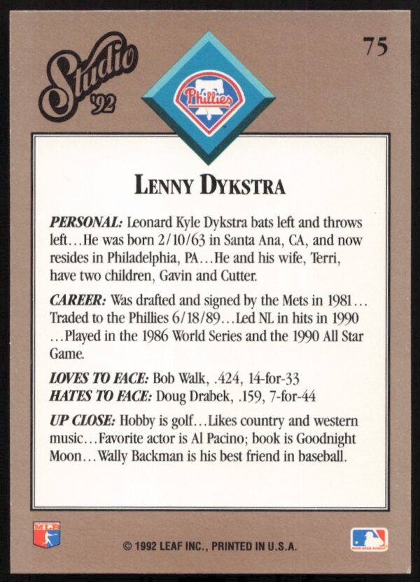 1992 Leaf Studio Lenny Dykstra #75 (Back)