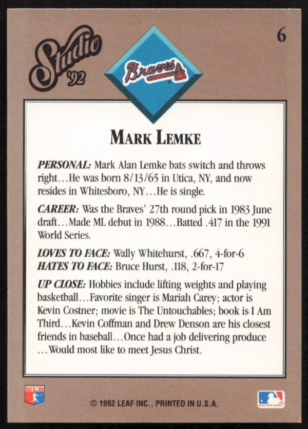 1992 Leaf Studio Mark Lemke #6 (Back)