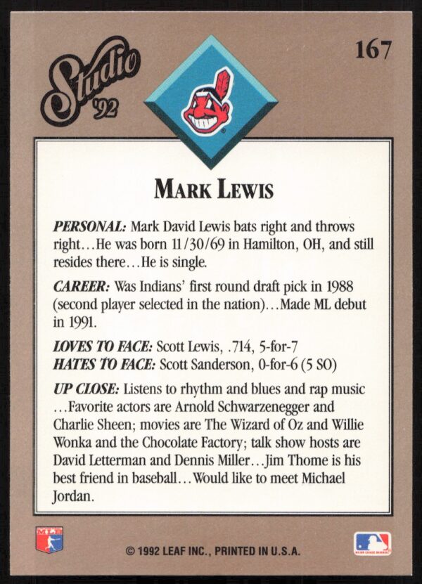 1992 Leaf Studio Mark Lewis #167 (Back)