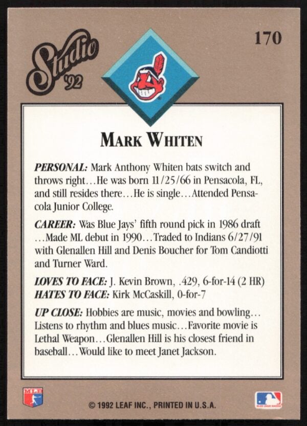 1992 Leaf Studio Mark Whiten #170 (Back)