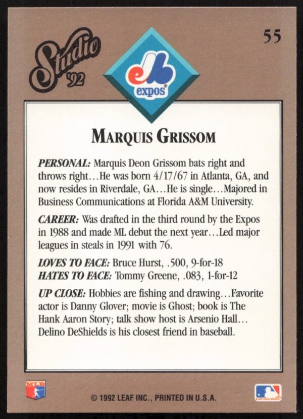 1992 Leaf Studio Marquis Grissom #55 (Back)