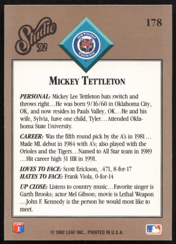 1992 Leaf Studio Mickey Tettleton #178 (Back)