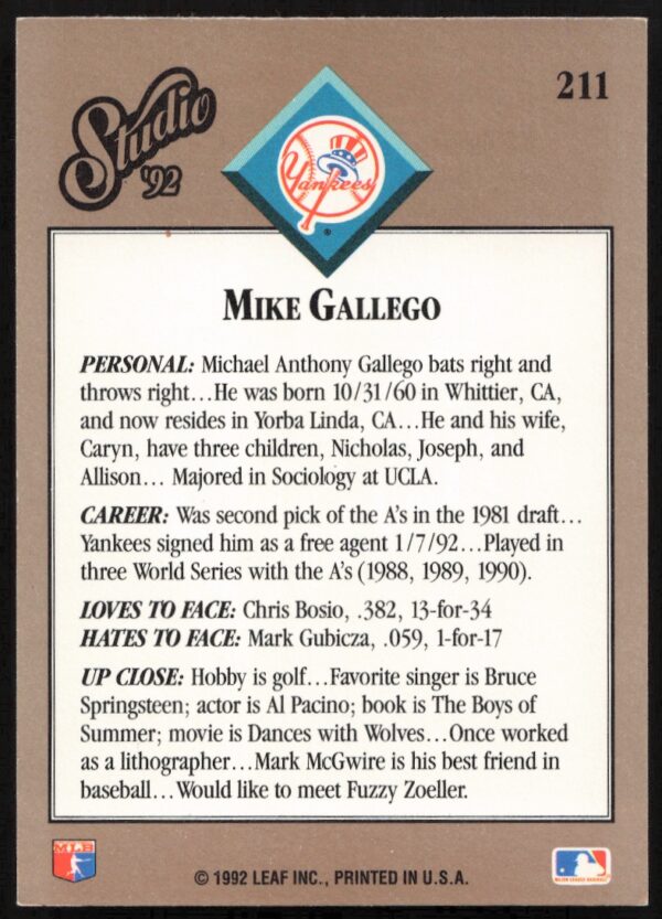 1992 Leaf Studio Mike Gallego #211 (Back)