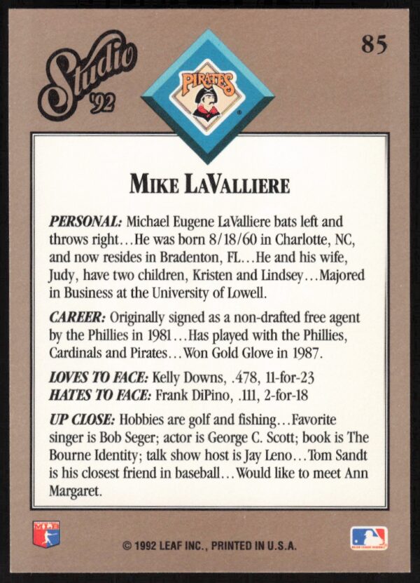 1992 Leaf Studio Mike LaValliere #85 (Back)