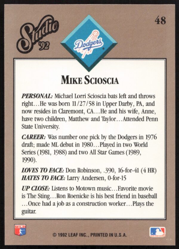 1992 Leaf Studio Mike Scioscia #48 (Back)