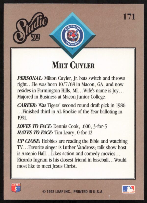 1992 Leaf Studio Milt Cuyler #171 (Back)