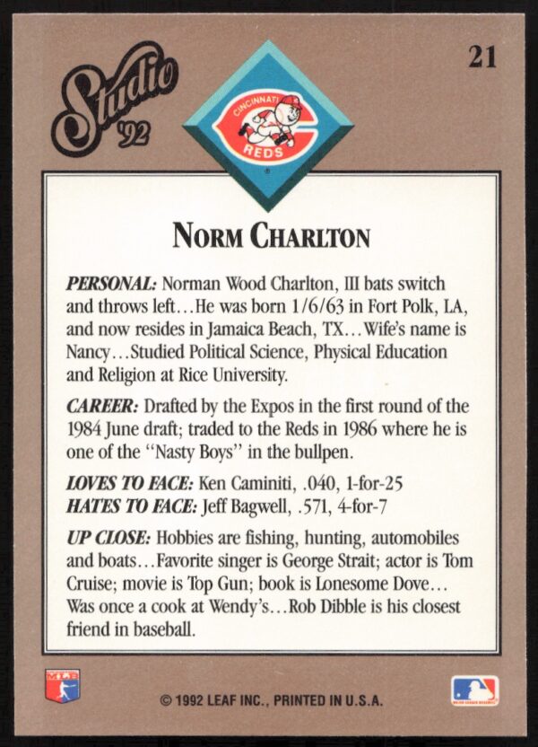 1992 Leaf Studio Norm Charlton #21 (Back)