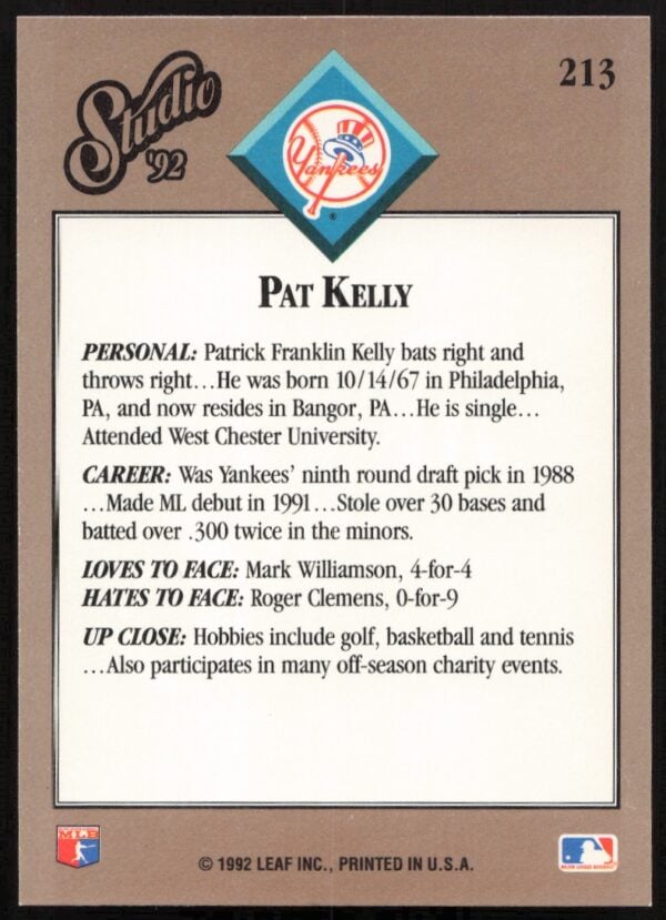 1992 Leaf Studio Pat Kelly #213 (Back)