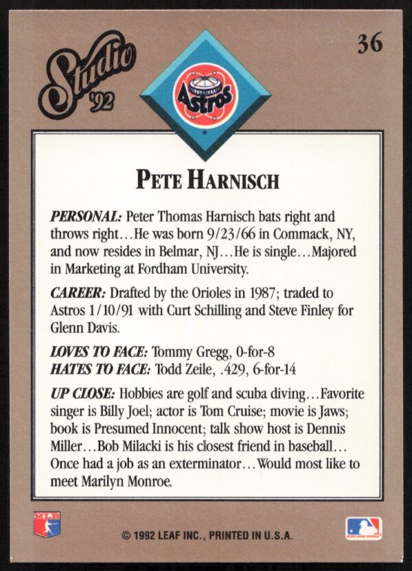 1992 Leaf Studio Pete Harnisch #36 (Back)