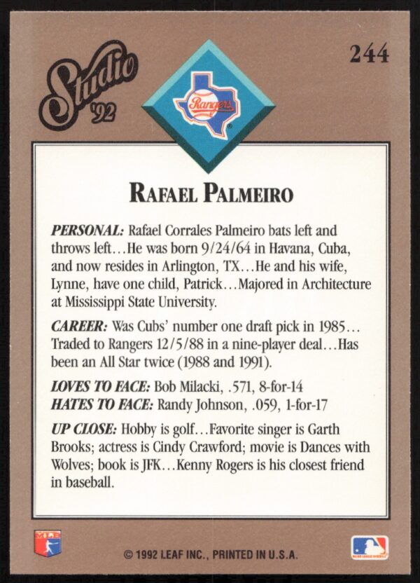 1992 Leaf Studio Rafael Palmeiro #244 (Back)