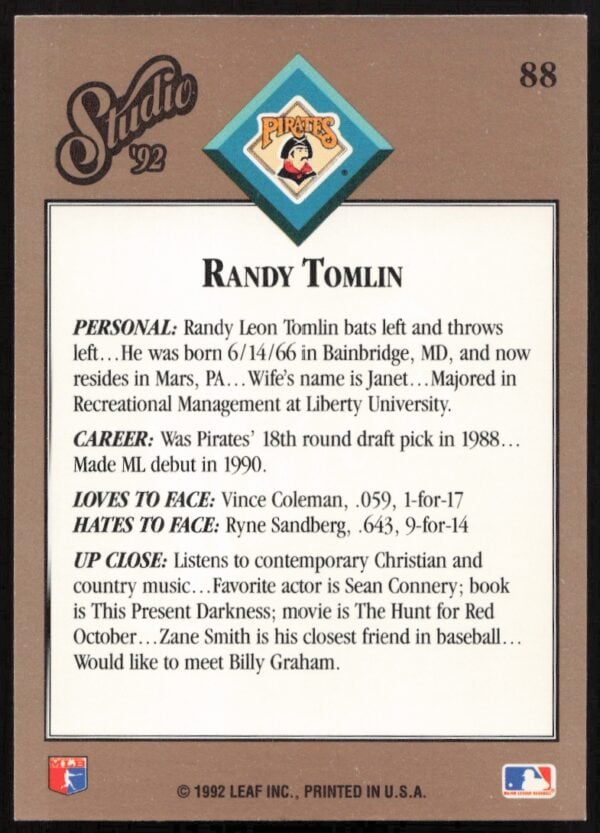 1992 Leaf Studio Randy Tomlin #88 (Back)