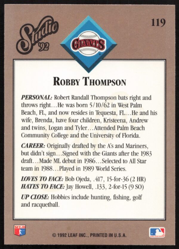 1992 Leaf Studio Robby Thompson #119 (Back)