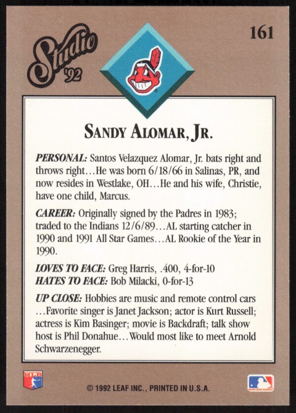 1992 Leaf Studio Sandy Alomar Jr. #161 (Back)