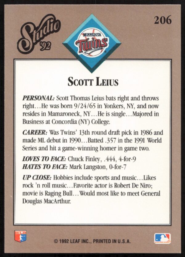 1992 Leaf Studio Scott Leius #206 (Back)
