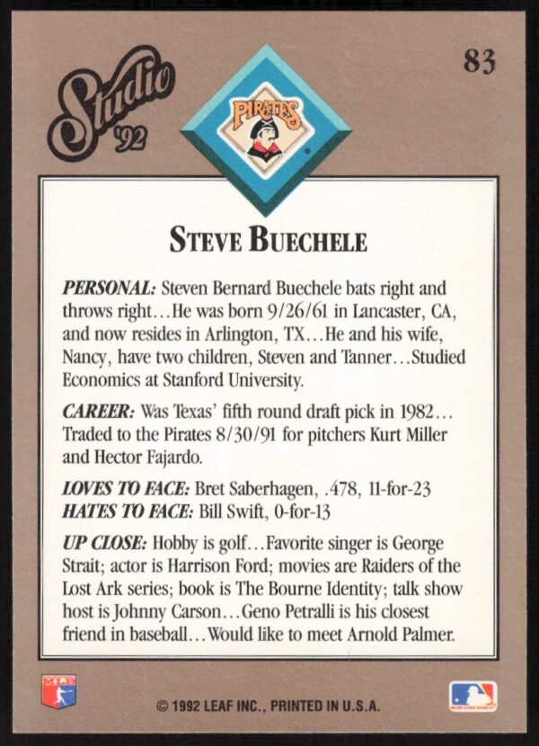 1992 Leaf Studio Steve Buechele #83 (Back)