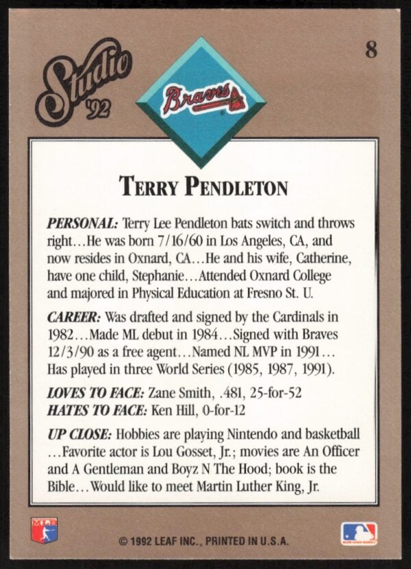 1992 Leaf Studio Terry Pendleton #8 (Back)