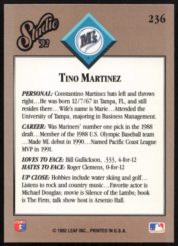 1992 Leaf Studio Tino Martinez #236 (Back)