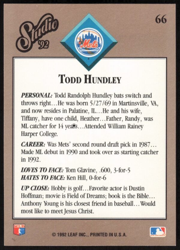 1992 Leaf Studio Todd Hundley #66 (Back)