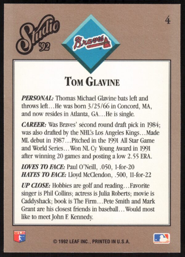 1992 Leaf Studio Tom Glavine #4 (Back)