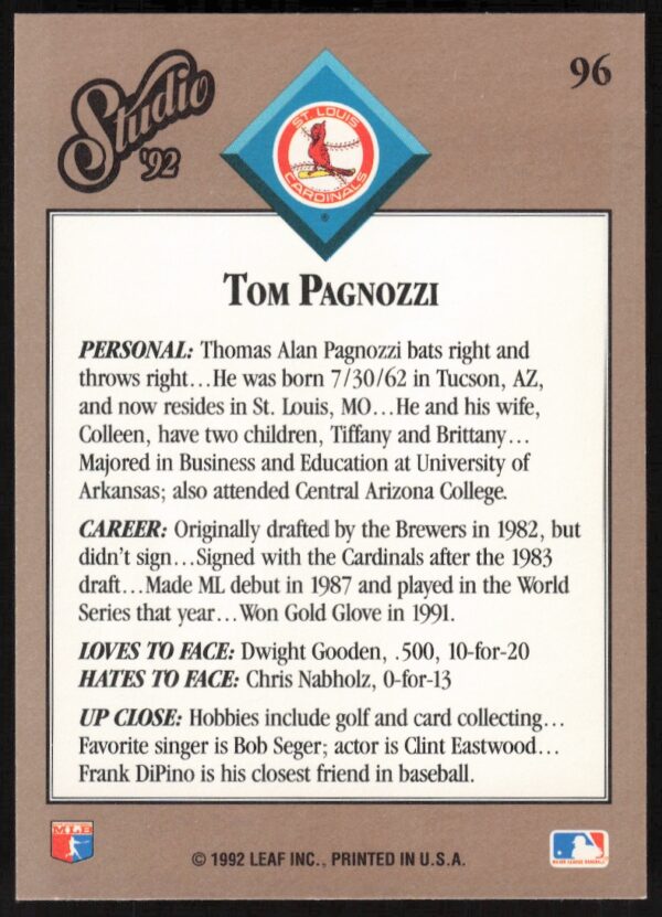 1992 Leaf Studio Tom Pagnozzi #96 (Back)