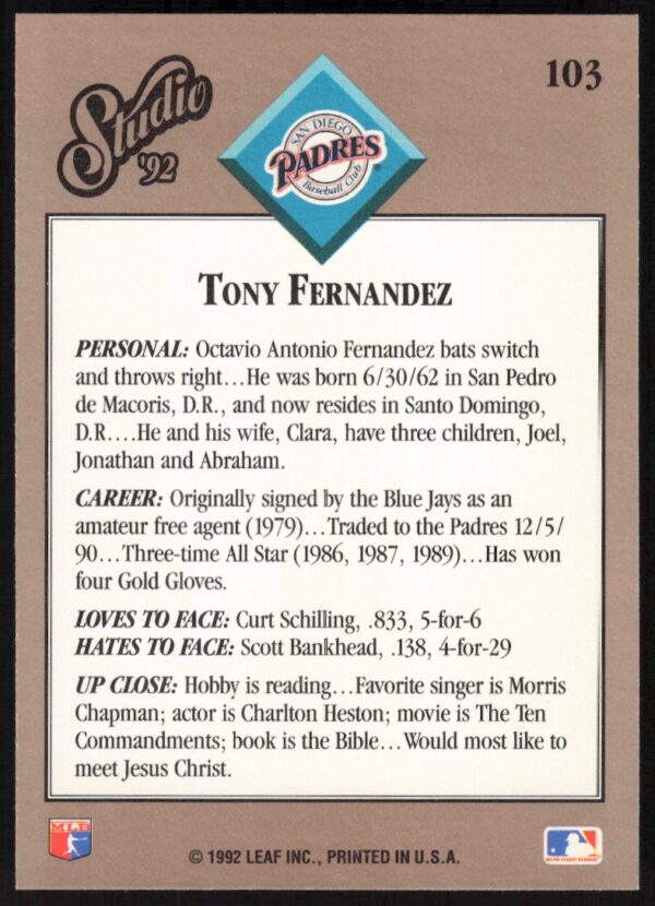 1992 Leaf Studio Tony Fernandez #103 (Back)