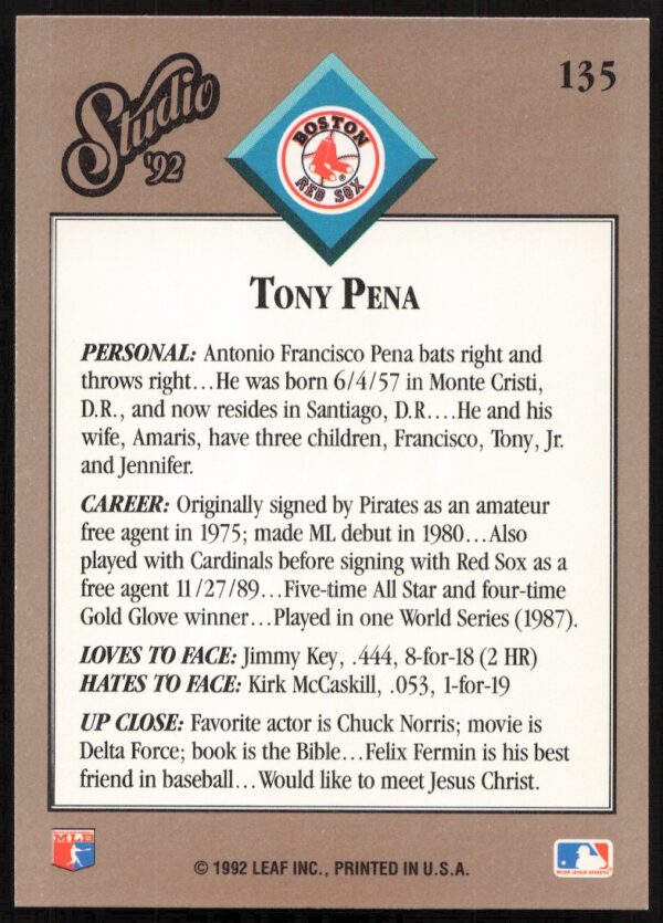 1992 Leaf Studio Tony Pena #135 (Back)