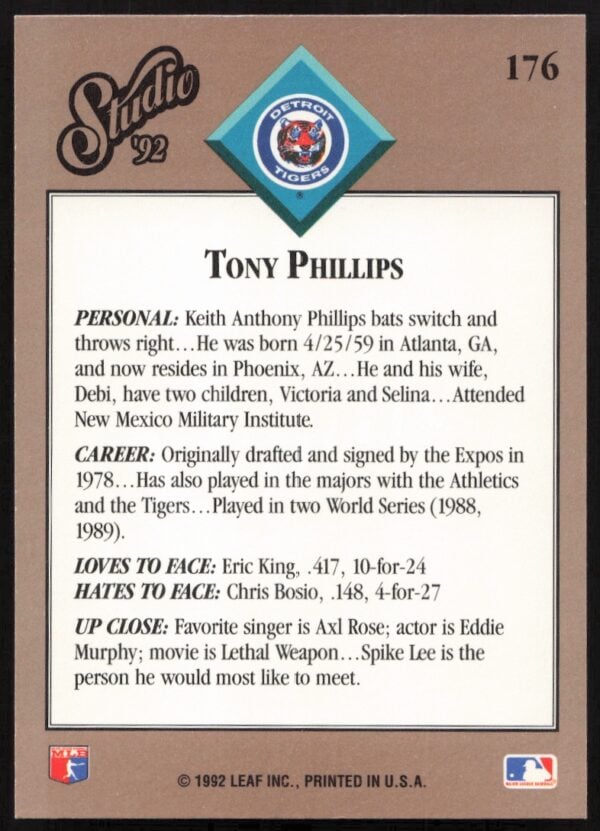 1992 Leaf Studio Tony Phillips #176 (Back)