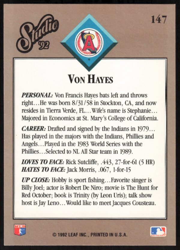 1992 Leaf Studio Von Hayes #147 (Back)