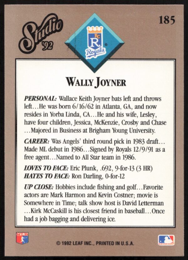 1992 Leaf Studio Wally Joyner #185 (Back)