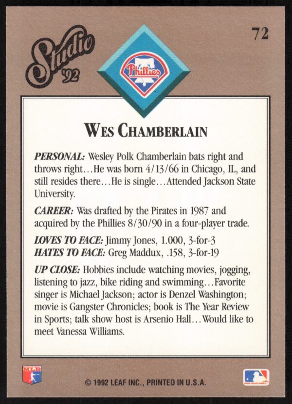 1992 Leaf Studio Wes Chamberlain #72 (Back)