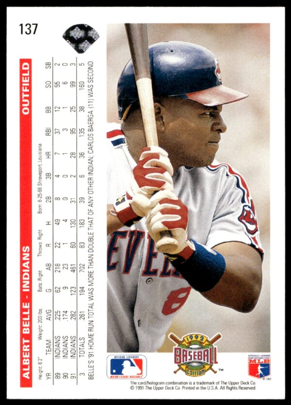 1992 Upper Deck Albert Belle #137 (Back)