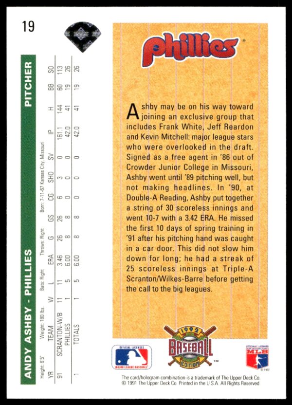 1992 Upper Deck Andy Ashby Star Rookie #19 (Back)