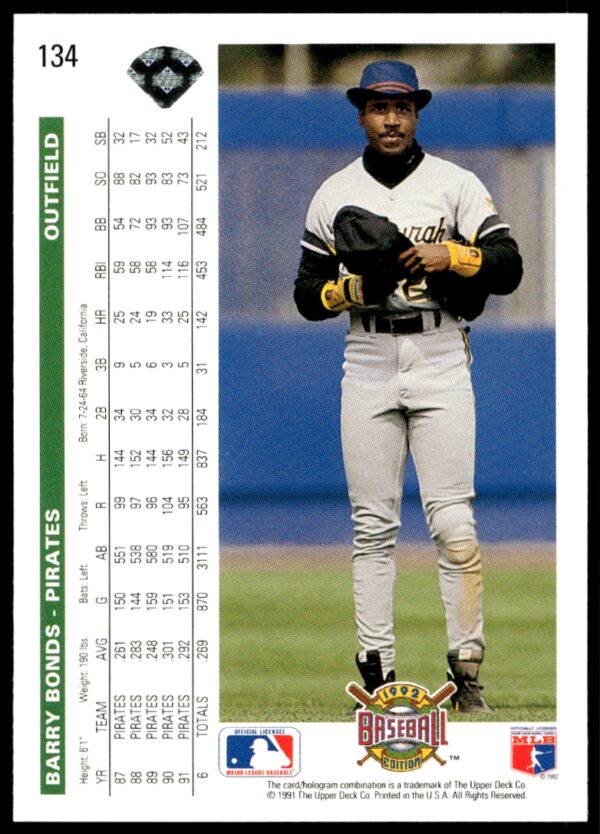 1992 Upper Deck Barry Bonds #134 (Back)