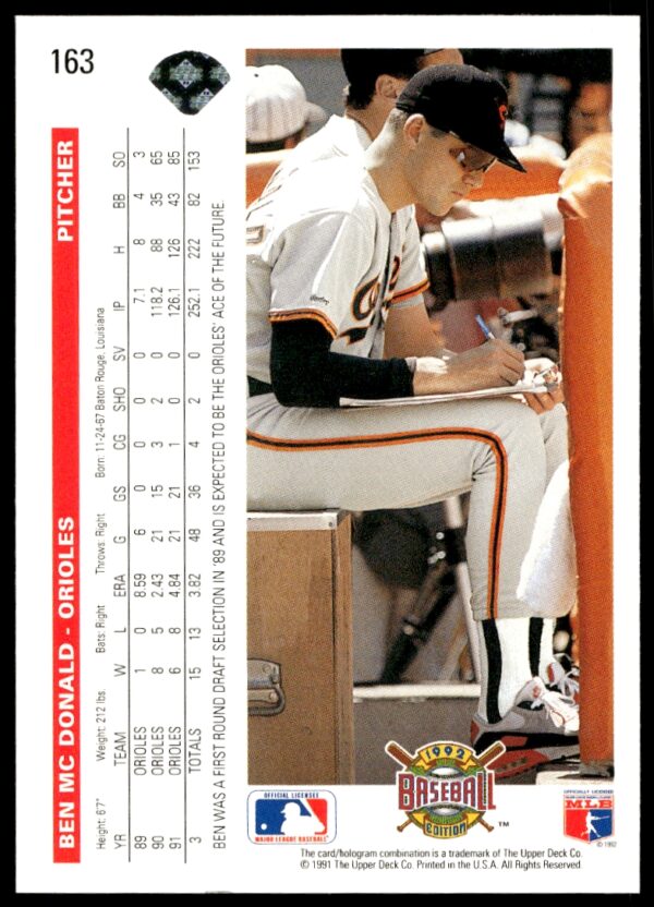 1992 Upper Deck Ben McDonald #163 (Back)