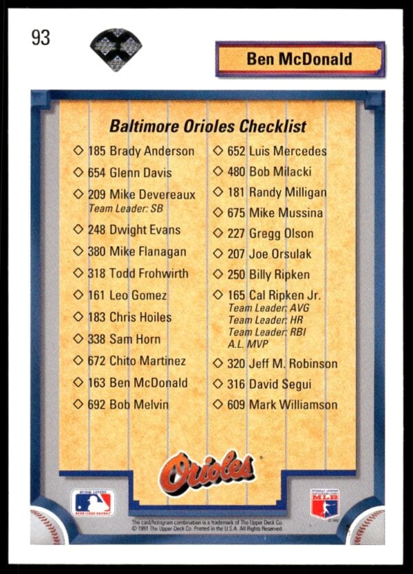 1992 Upper Deck Ben McDonald Checklist #93 (Back)