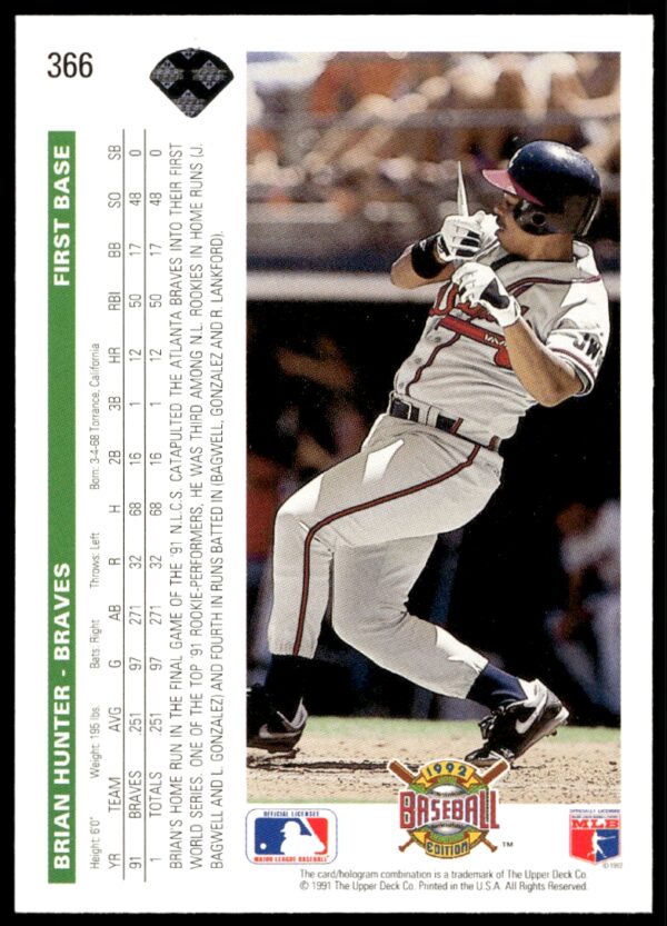 1992 Upper Deck Brian Hunter #366 (Back)