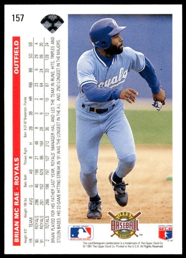 1992 Upper Deck Brian McRae #157 (Back)